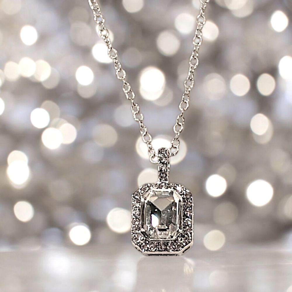 18" Silver Plated Necklace with Square Zirconia